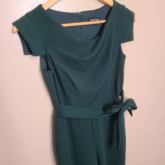 Bebe Side Slit Wideleg Jumpsuit Green Tie Waist - Picture 3 of 14
